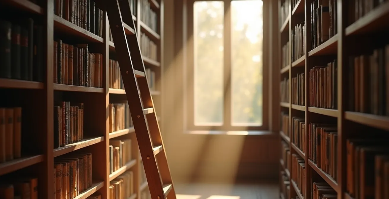 Vue large d'une bibliothèque familiale avec échelle ancienne et lumière dorée traversant les rayonnages