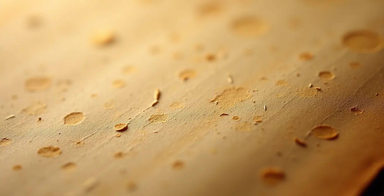 Gros plan macro sur texture de papier ancien avec fibres visibles et patine dorée