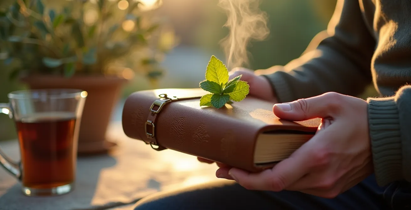 Mains tenant délicatement un carnet manuscrit avec thé à la menthe sur table méditerranéenne